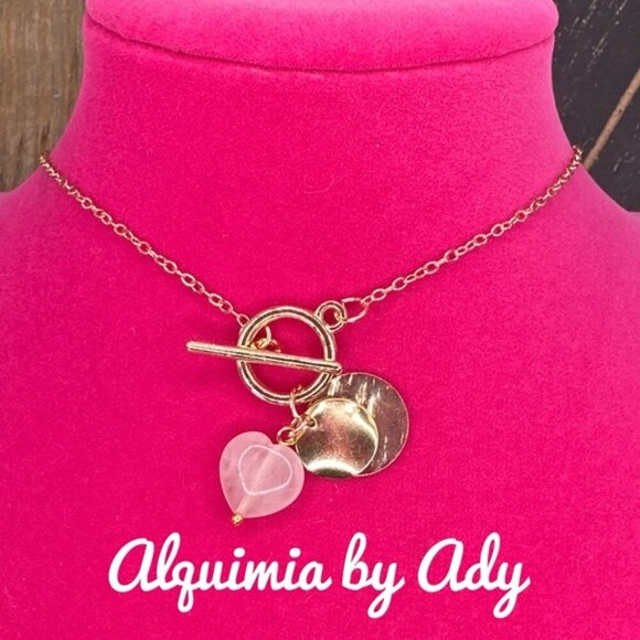 Pink quartz heart gold coins charms nest necklace - Picture 1 of 2